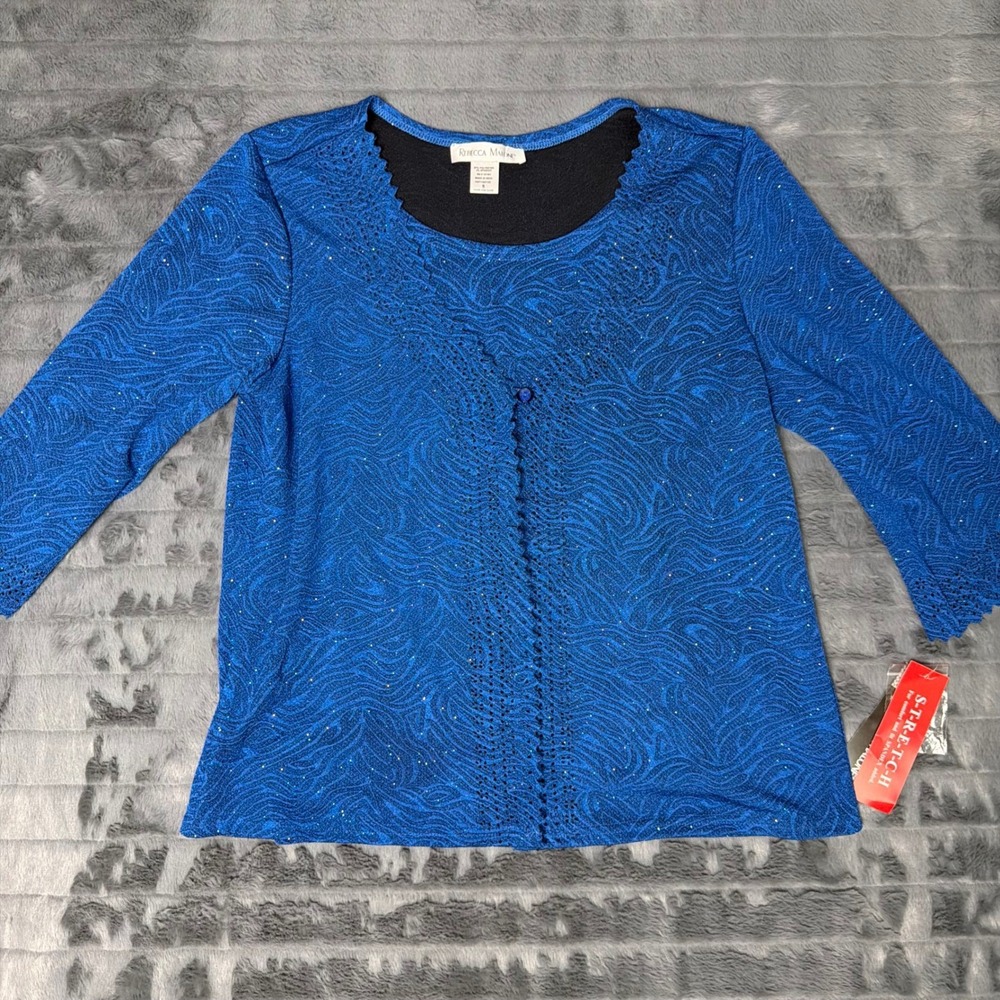 Rebecca Malone Royal Blue Metallic Glitter Swirl Sleeve Top Small 184-20531-ST
